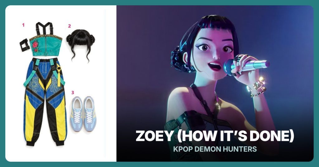 Official Zoey Costume Set, Black Double-Bun Wig and Blue-and-Yellow Sneakers beside Zoey (How It’s Done)