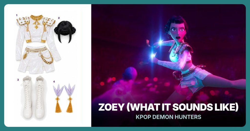 White Stage Top and Culottes Set with Shoulder Armor, Black Double-Bun Wig and White Knee-High Lace-Up Boots beside Zoey (What It Sounds Like)