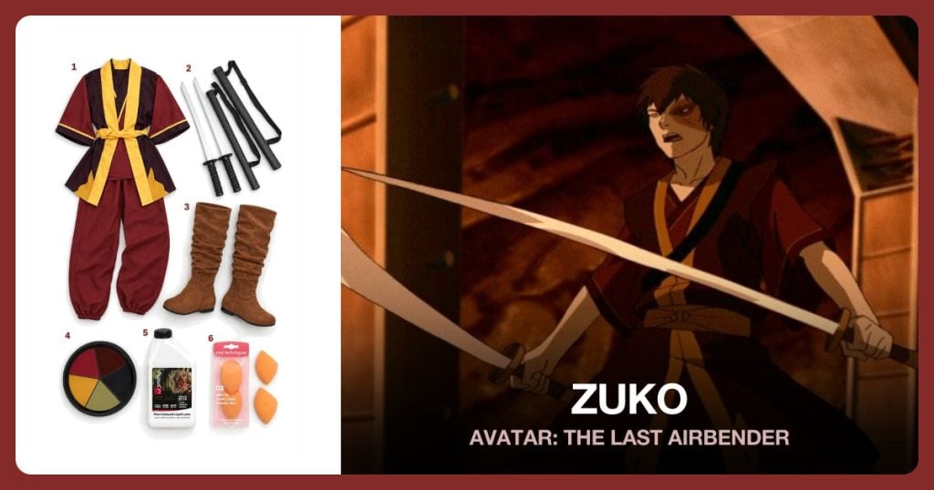 Red Yellow Fire Nation Costume, Twin Ninja Sword Set, Brown Suede Knee High Boots and Bruise Effect Makeup Wheel beside Zuko