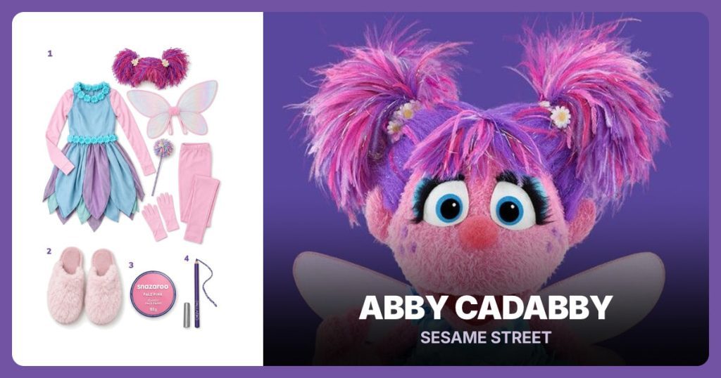 Abby Cadabby Costume Set, Pink Furry Slippers, Pale Pink Face Paint and Purple Eyeliner Pencil beside Abby Cadabby
