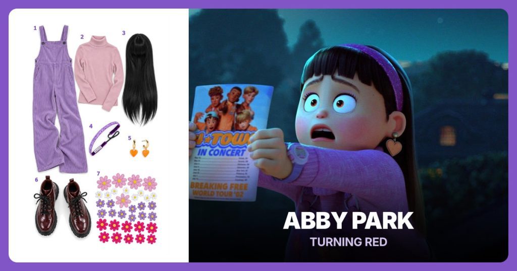 Purple Corduroy Overalls, Pink Ribbed Turtleneck, Black Wig with Bangs and Purple Glitter Headband beside Abby Park