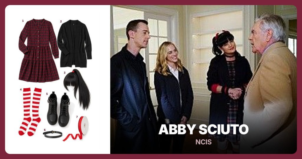Dark Plaid Dress, Black Open-Front Cardigan, Straight Black Wig with Bangs and Red and White Knee Socks beside Abby Sciuto