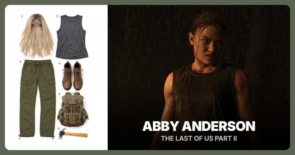 Dirty Blonde Wig, Charcoal Sleeveless Tank, Olive Cargo Pants and Brown Lace-Up Ankle Boots beside Abby Anderson