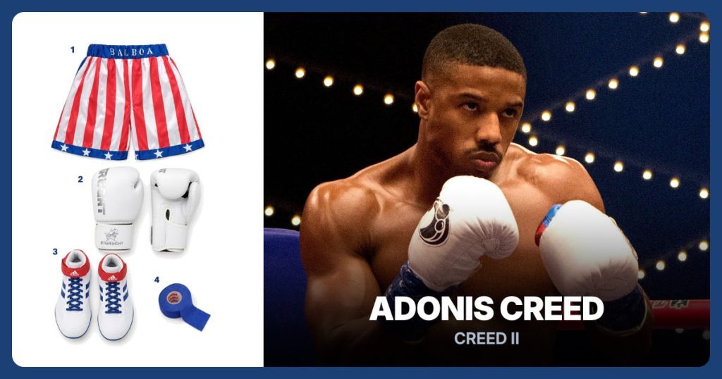Stars and Stripes Boxing Shorts, White Boxing Gloves, White Boxing Shoes and Royal Blue Athletic Tape beside Adonis Creed
