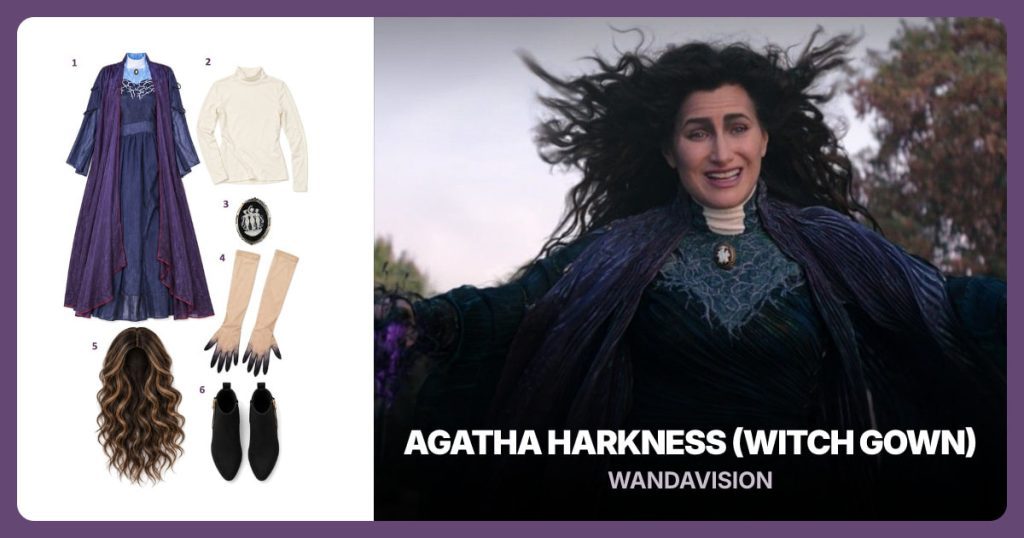 Blue and Purple Gown Set, Off-White Mock Neck, Three Graces Cameo Brooch and Inked Sheer Gloves beside Agatha Harkness (Witch Gown)