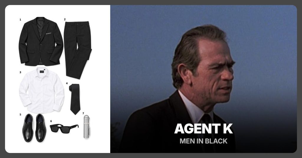 Black Suit Jacket, Black Suit Pants, White Dress Shirt and Black Necktie beside Agent K