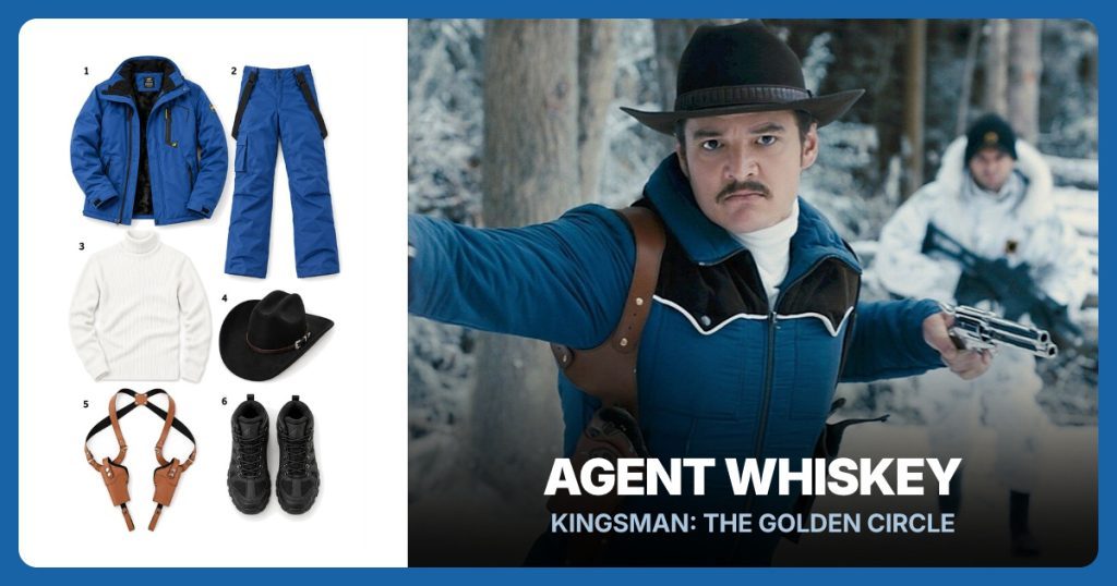Royal Blue Ski Jacket, Blue Ski Pants, White Turtleneck and Black Cowboy Hat beside Agent Whiskey