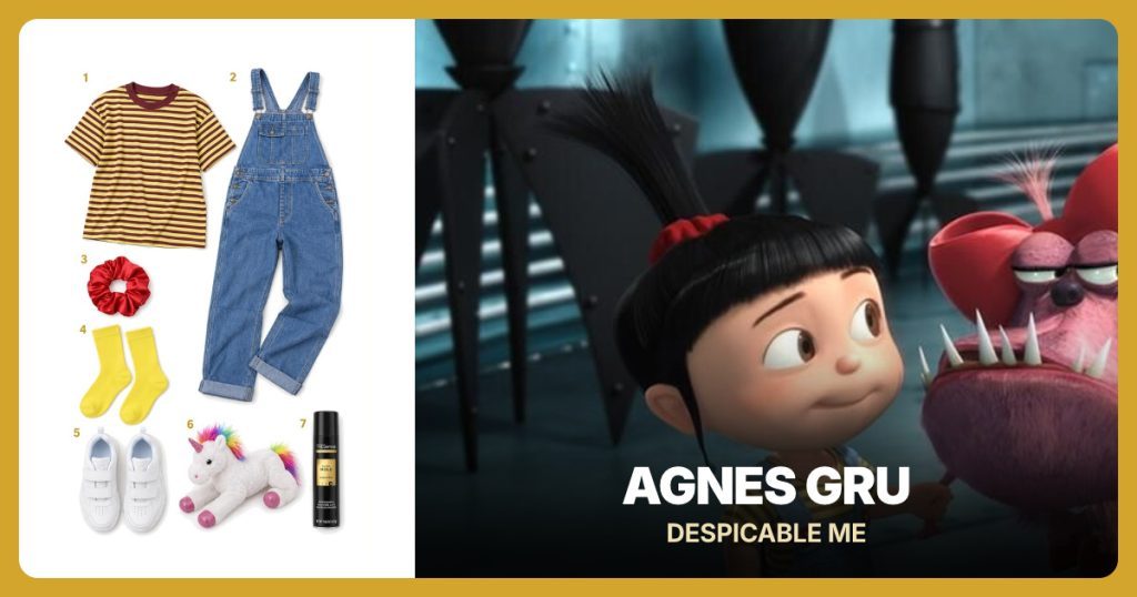 Yellow-Brown Striped Tee, Light Blue Bib Overalls, Red Scrunchie Set and Yellow Socks beside Agnes Gru