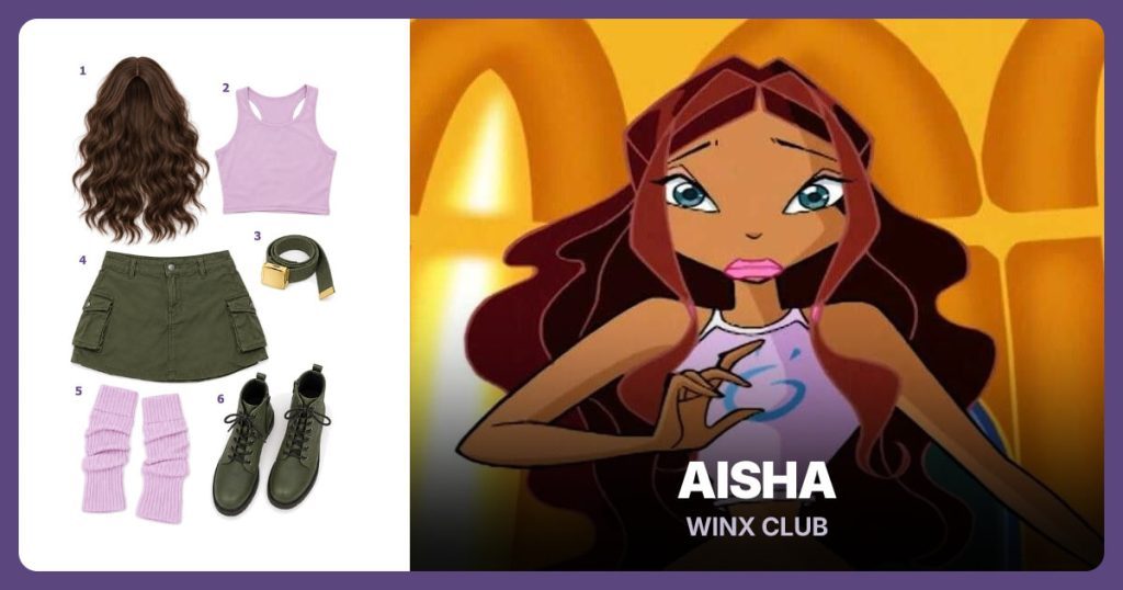 Long Brown Wavy Wig, Lilac Crop Tank, Olive Canvas Belt and Olive Cargo Skirt beside Aisha