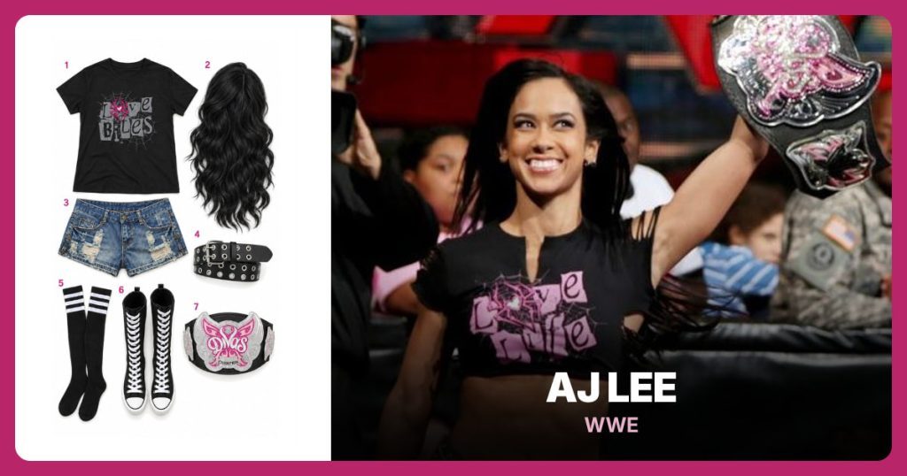 Love Bites T-Shirt, Long Wavy Black Wig, Distressed Denim Shorts and Black Grommet Belt beside AJ Lee