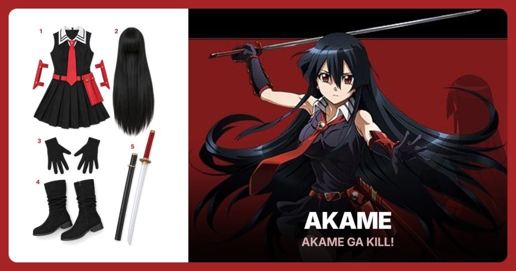 Akame Dress and Accessory Set, Long Black Wig with Bangs, Black Full-Finger Gloves and Black Mid-Calf Boots beside Akame