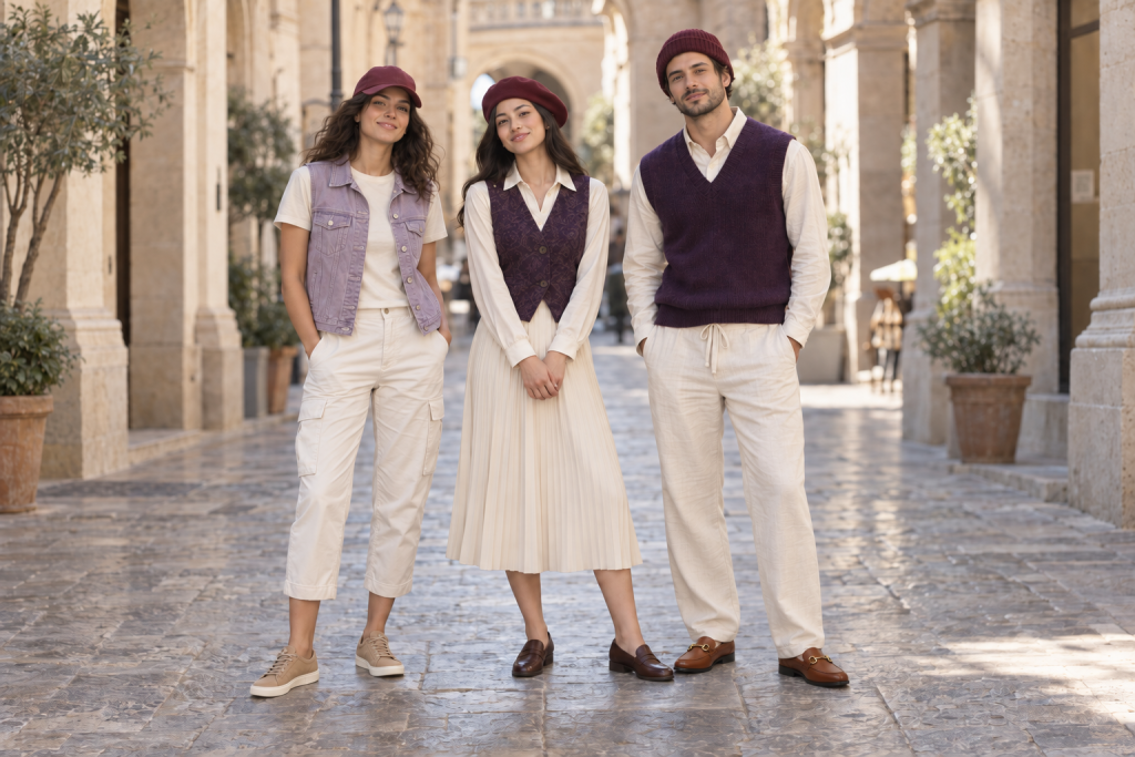 Three adult models wearing Aladdin-inspired everyday outfits: a woman in lilac denim and cream cargos, a woman in a purple vest and ivory midi skirt, and a man in a purple knit vest with cream linen trousers and cognac metal-bit loafers; all wear burgundy headwear.