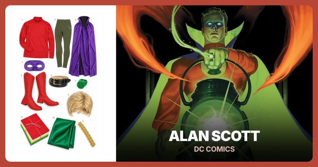 Red Mock Neck Shirt, Green Compression Leggings, Purple Reversible Cape and Purple Domino Mask beside Alan Scott