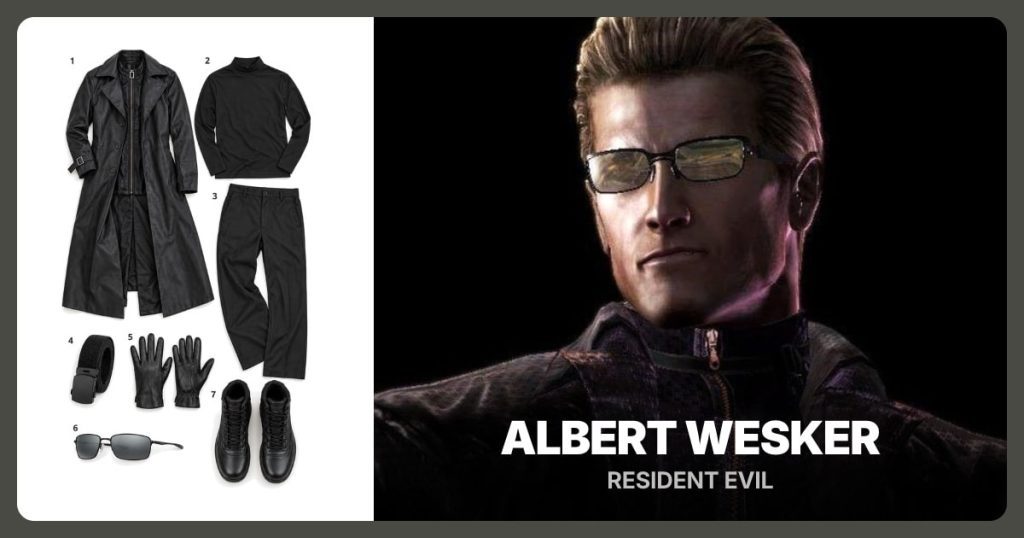Black Wesker-Style Trench Coat, Black Mock-Neck Shirt, Black Dress Pants and Black Web Belt beside Albert Wesker