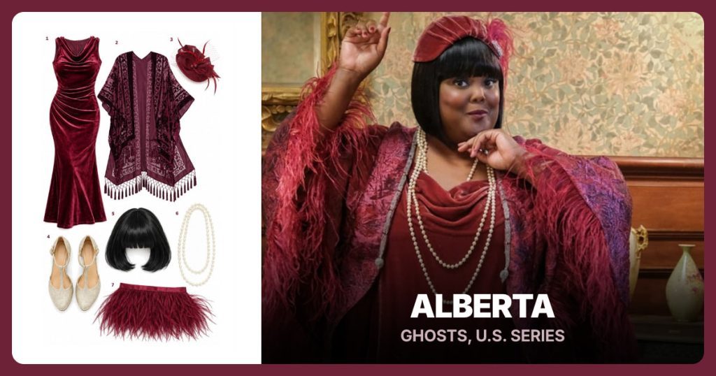 Burgundy Velvet Cowl Dress, Burgundy Burnout Velvet Kimono, Burgundy Feather Fascinator and Gold T-Strap Heels beside Alberta