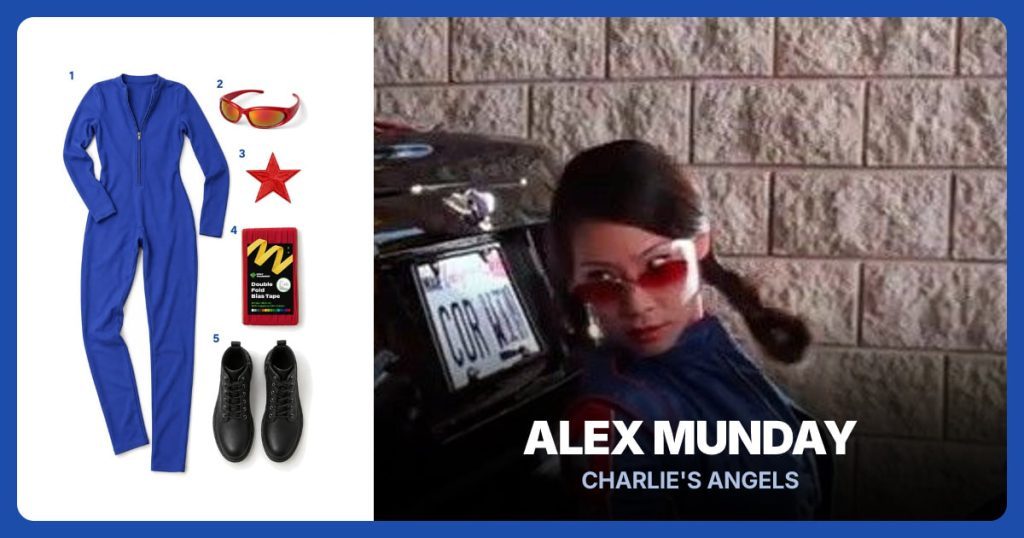 Blue Zip-Front Jumpsuit, Red Wraparound Sunglasses, Red Embroidered Star Patch Pack and Red Double-Fold Bias Tape beside Alex Munday
