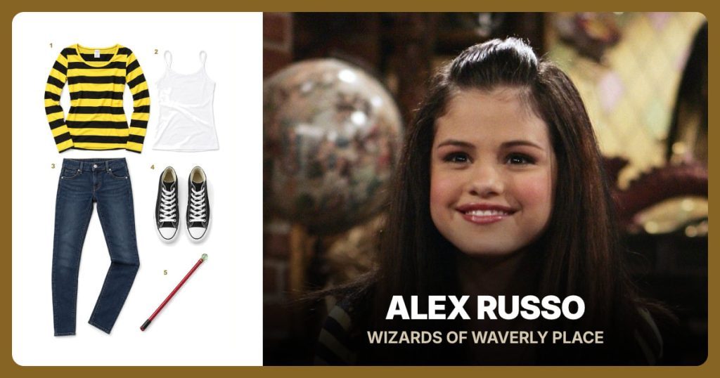 Yellow Striped Long-Sleeve Shirt, White Cotton Camisole, Dark Blue Skinny Jeans and Black High-Top Sneakers beside Alex Russo