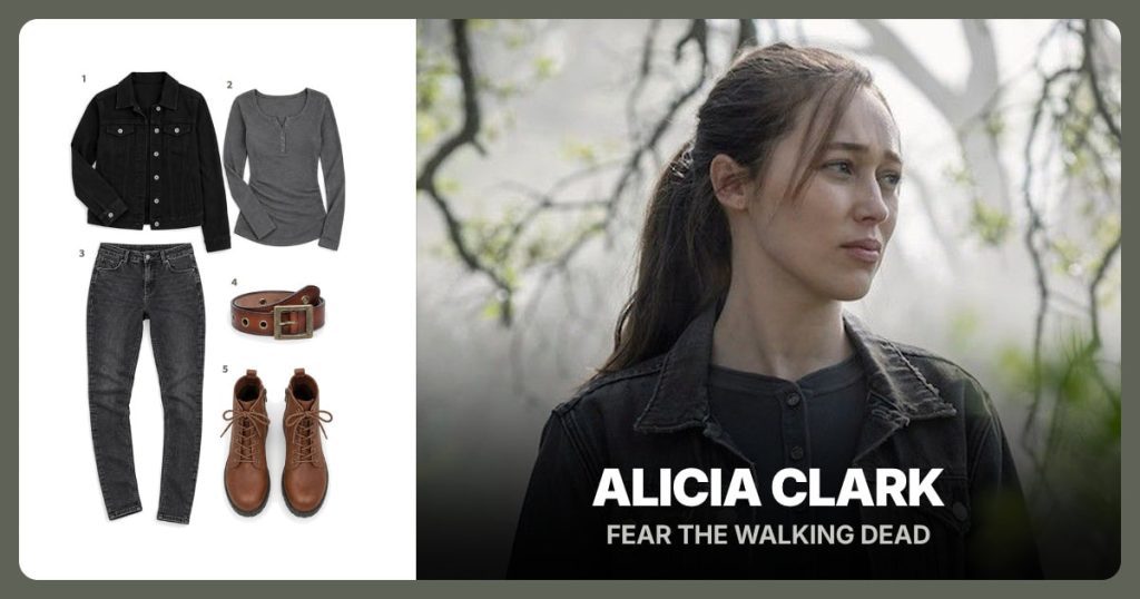 Black Denim Jacket, Dark Gray Henley, Charcoal Skinny Jeans and Brown Grommet Belt beside Alicia Clark