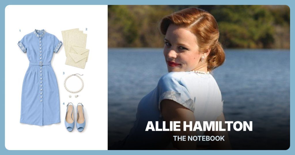 Blue Reunion Dress, Letter Paper and Envelopes, Pearl Necklace and Earrings and Light Blue Peep-Toe Heels beside Allie Hamilton