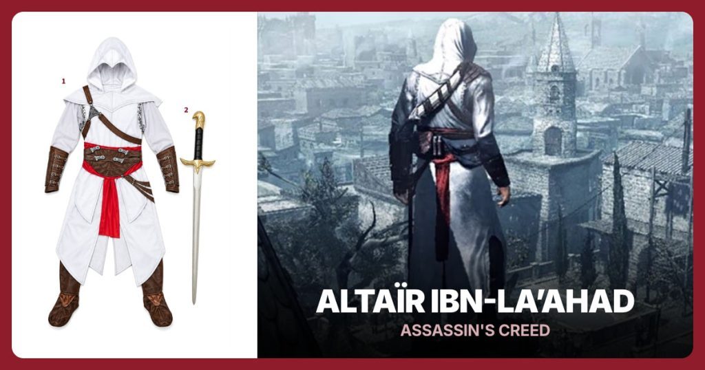 Altaïr Adult Costume and Altaïr Foam Sword beside Altaïr Ibn-LaʼAhad