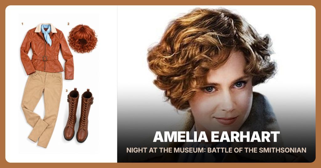 Aviator Costume Set, Short Curly Auburn Wig and Brown Lace-Up Riding Boots beside Amelia Earhart