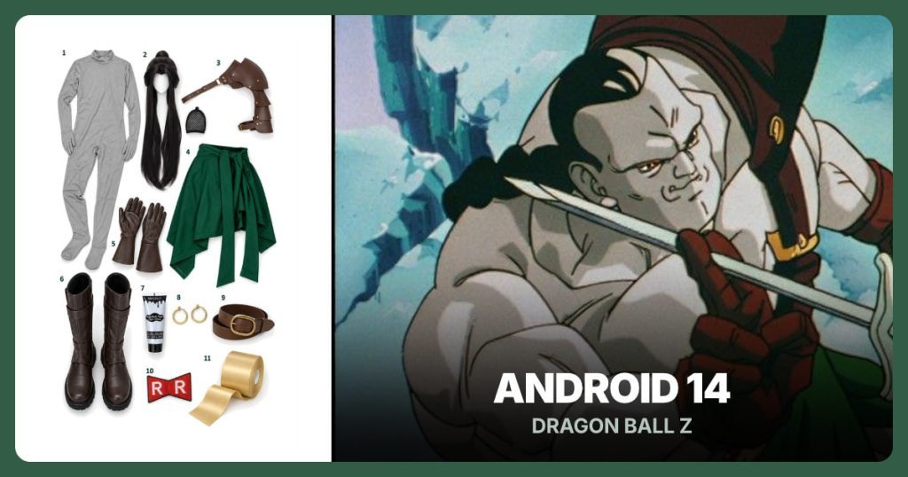Gray Bodysuit, Black Ponytail Wig, Brown Shoulder Armor and Green Wrap Skirt beside Android 14