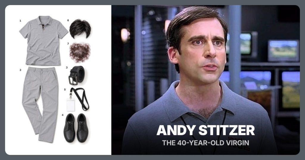 Gray Polo Shirt, Light Gray Work Pants, Black Leather Belt and Black Oxford Shoes beside Andy Stitzer