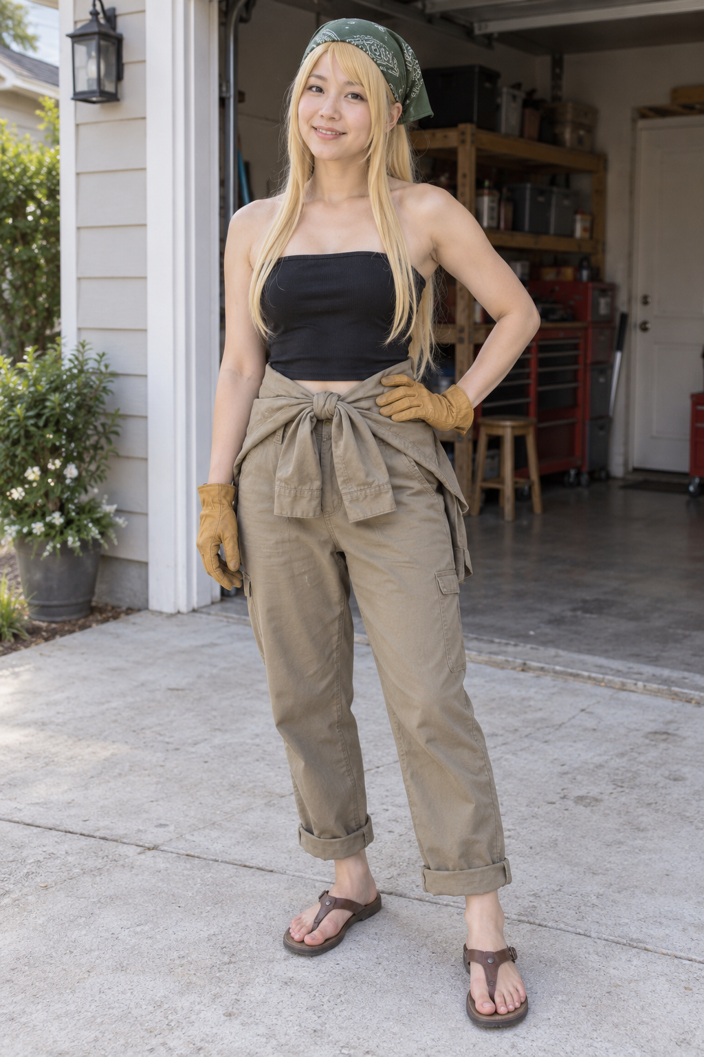 Costumer wearing Winry-inspired khaki coveralls with a green bandana and blonde hair