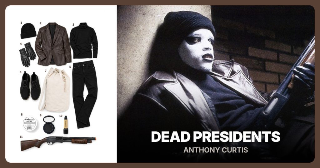 Black Ribbed Beanie, Brown Leather-Look Blazer, Black Turtleneck and Black Leather Gloves beside Anthony Curtis (Robbery Outfit)