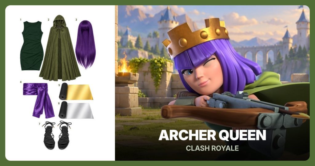 Green Sleeveless Mini Dress, Olive Hooded Cape, Long Straight Purple Wig and Purple Waist Sash beside Archer Queen