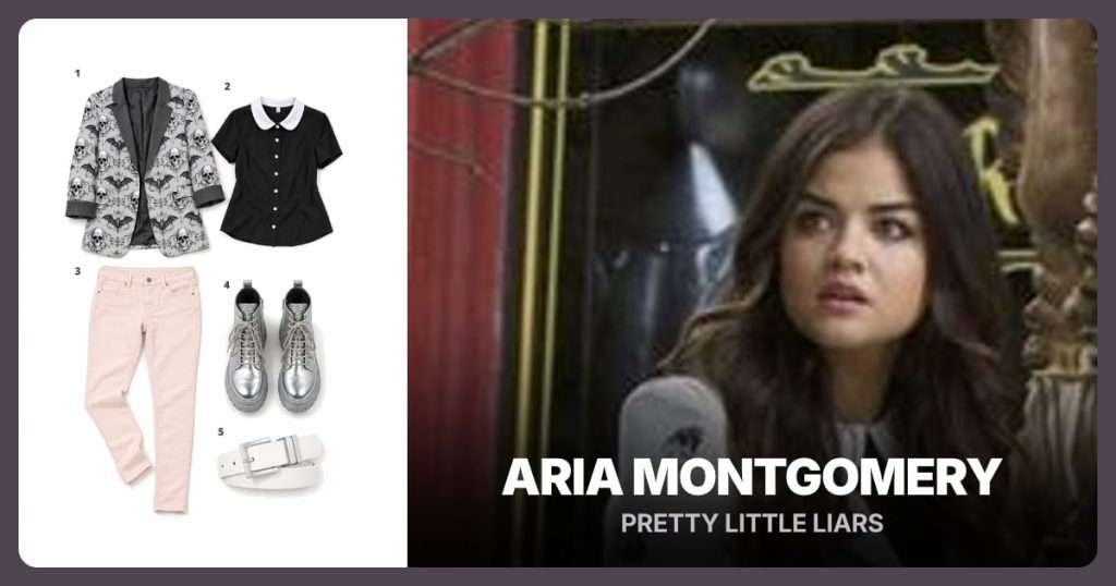Gray Skull Print Blazer, Black White-Collar Blouse, Pale Pink Skinny Jeans and Metallic Silver Lace-Up Boots beside Aria Montgomery