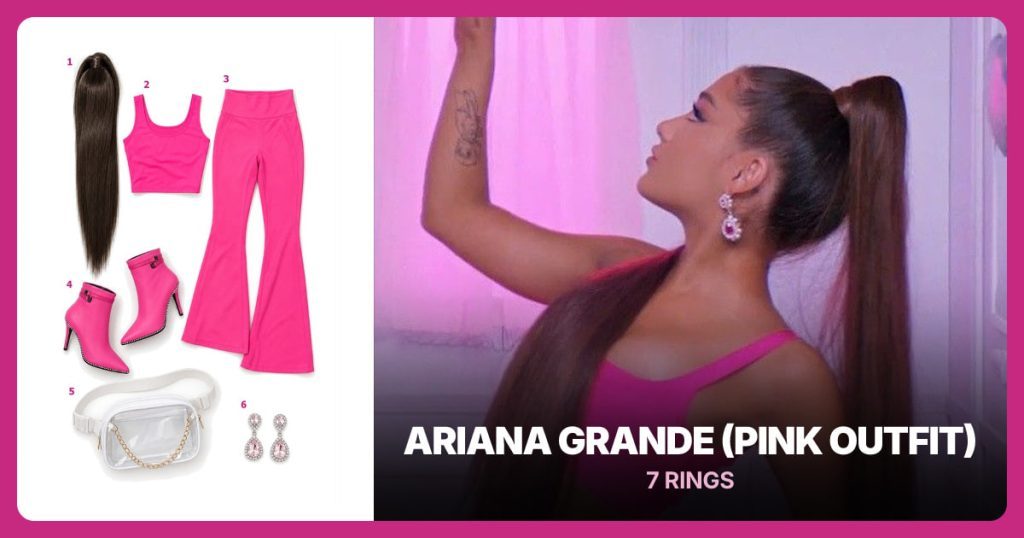 Long Brown Ponytail, Hot Pink Crop Top, Hot Pink Flared Pants and Pink Stiletto Ankle Boots beside Ariana Grande (7 Rings Pink Outfit)