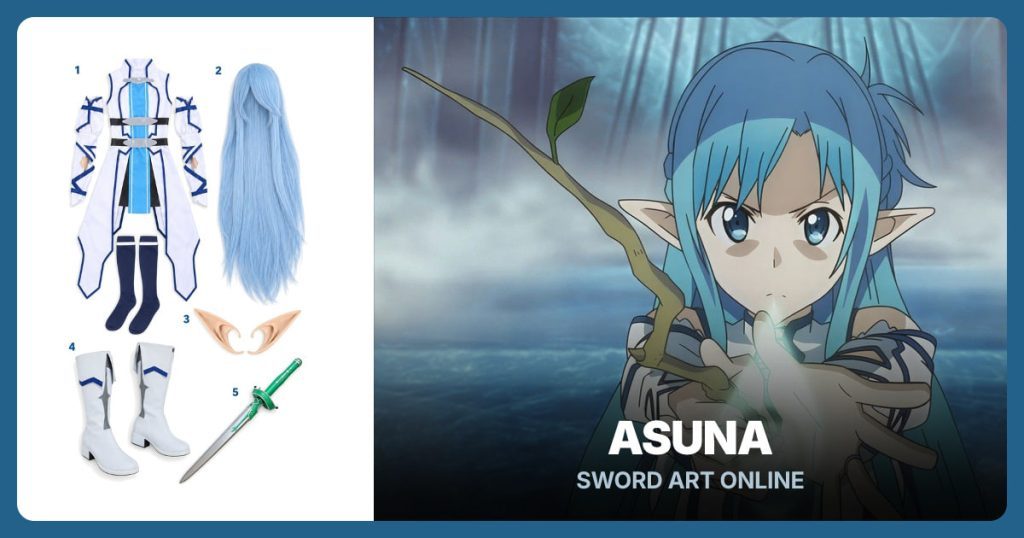 Blue and White Undine Costume, Long Sky Blue Wig, Long Elf Ears and White and Blue Cosplay Boots beside Asuna