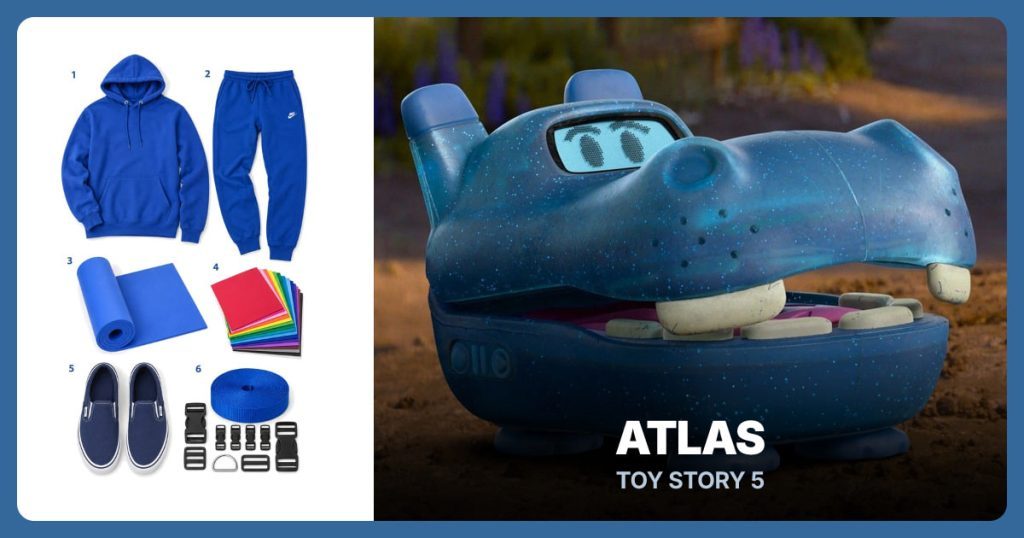 Blue Hoodie, Blue Joggers, Blue EVA Foam Roll and Assorted Craft Foam beside Atlas