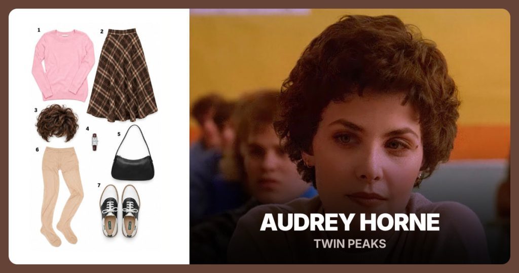 Pink Crew-Neck Sweater, Brown Plaid Midi Skirt, Short Brown Curly Wig and Rectangular Brown-Strap Watch beside Audrey Horne