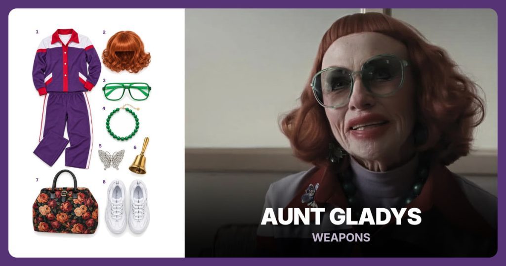 Purple Colorblock Tracksuit, Copper Curly Bob Wig, Oversized Green Glasses and Green Bead Necklace beside Aunt Gladys