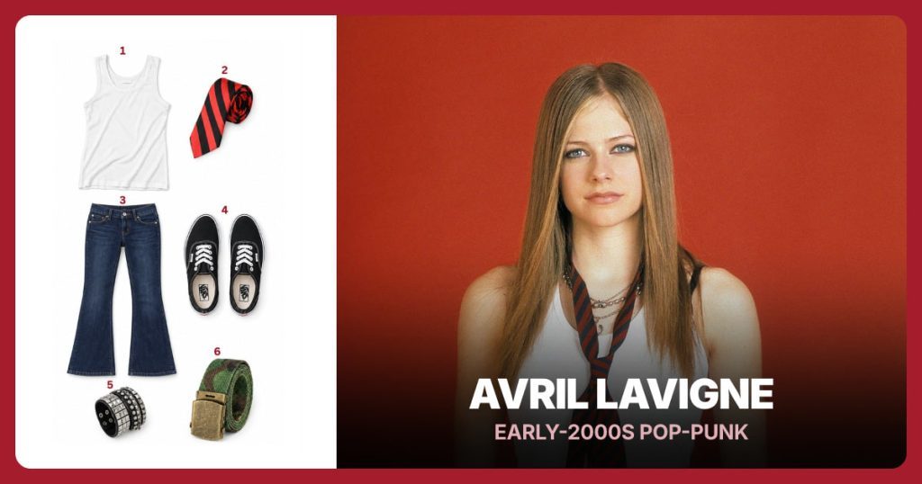 White Ribbed Tank Top, Red and Black Striped Skinny Tie and Dark Blue Low-Rise Bootcut Jeans beside Avril Lavigne
