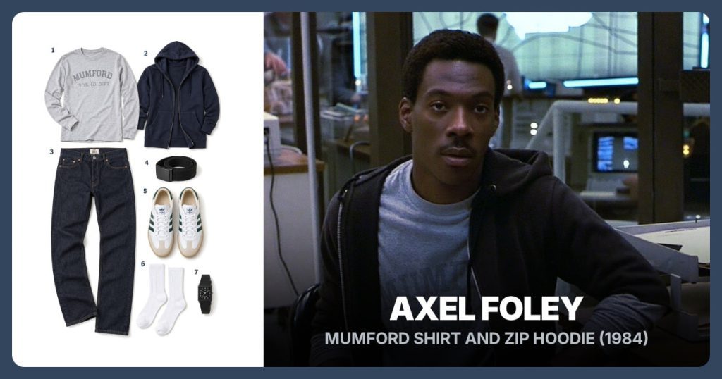Gray Mumford Graphic Long-Sleeve Shirt, Dark Navy Full-Zip Hoodie and Dark Indigo Levi's 501 Straight-Leg Jeans beside Axel Foley
