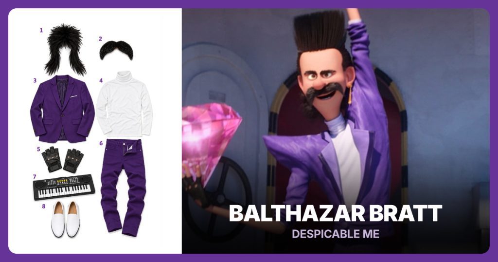 Balthazar Bratt costume from Despicable Me: Black Mullet Wig, Black Walrus Mustache, Purple Blazer, White Turtleneck