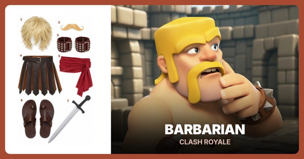 Short Blonde Wig, Yellow Mustache, Brown Studded Wrist Cuff and Brown Segmented Kilt beside Barbarian