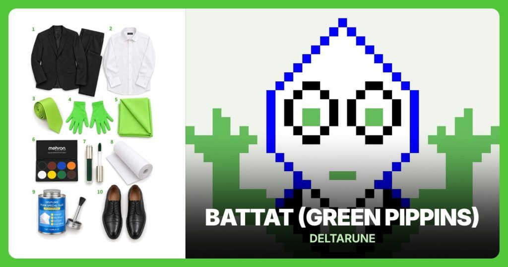 Black Two-Piece Suit, White Formal Dress Shirt, Lime Green Necktie and Lime Green Gloves beside Battat (Green Pippins)