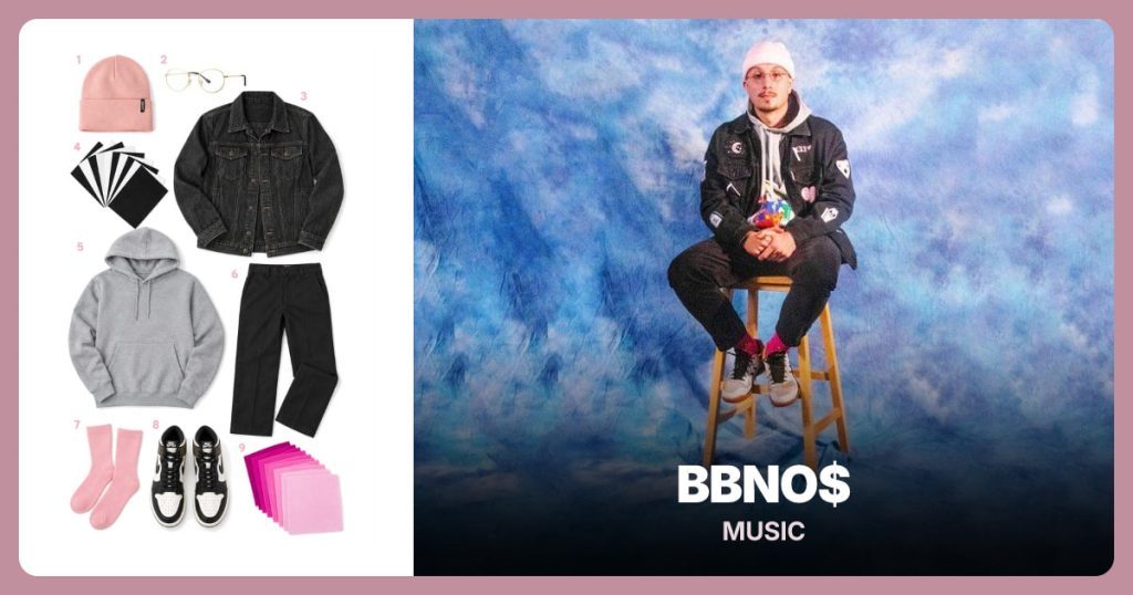 Light Pink Knit Beanie, Round Metal Clear-Lens Glasses and Black Denim Trucker Jacket beside bbno$