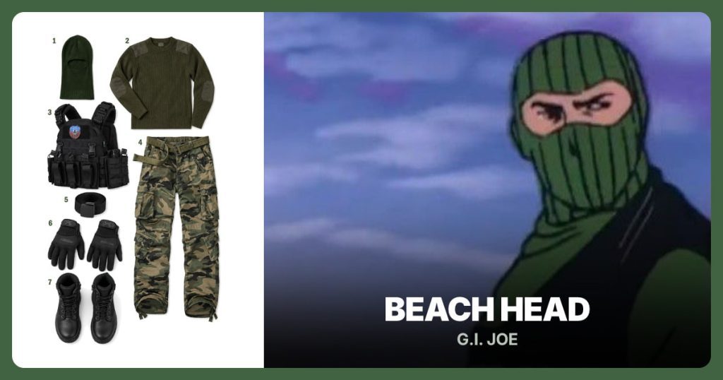 Olive Balaclava, Olive Commando Sweater, Black Tactical Vest and Woodland Camo Cargo Pants beside Beach Head