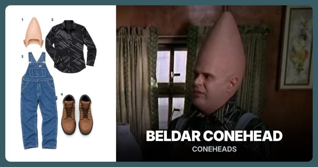 Cone Head Cap, Black Geometric Shirt, Blue Denim Overalls and Brown Work Boots beside Beldar Conehead