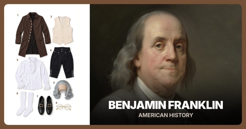 Brown Frock Coat, Ivory Waistcoat, White Ruffled Shirt and Black Knee Breeches beside Benjamin Franklin