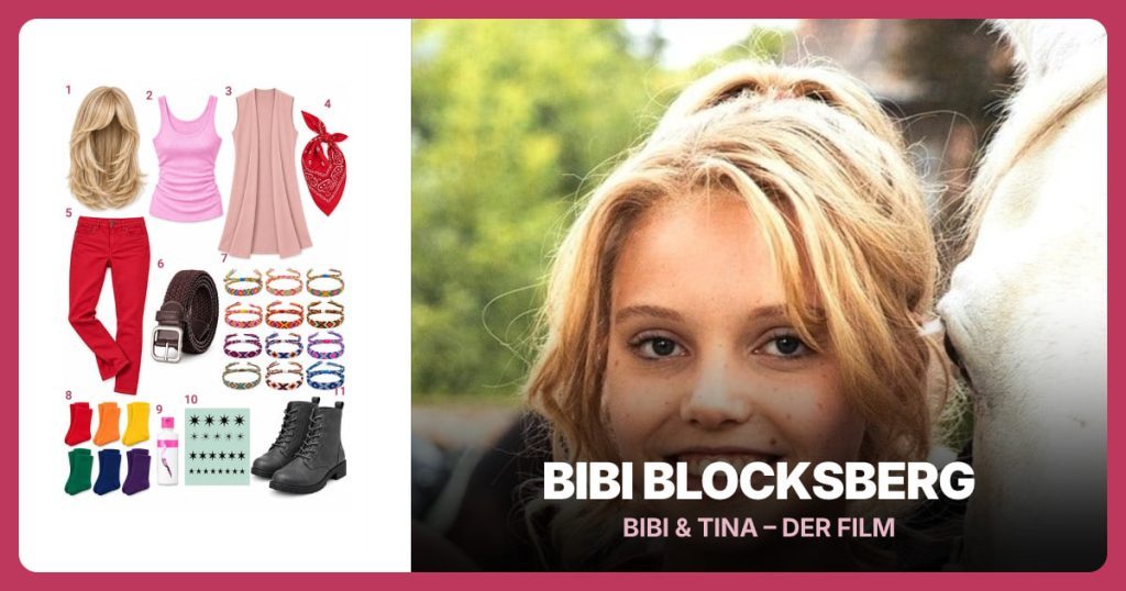 Layered Blonde Wig, Pink Ribbed Tank Top, Pink Knit Open Vest and Red Paisley Bandana beside Bibi Blocksberg