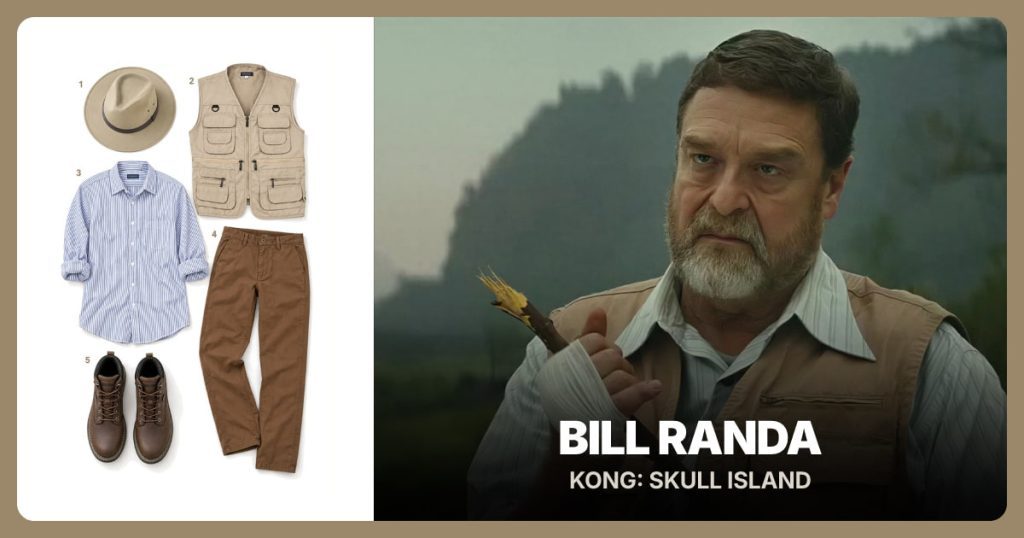 Tan Safari Hat, Khaki Field Vest, Blue-and-White Stripe Shirt and Brown Field Trousers beside Bill Randa