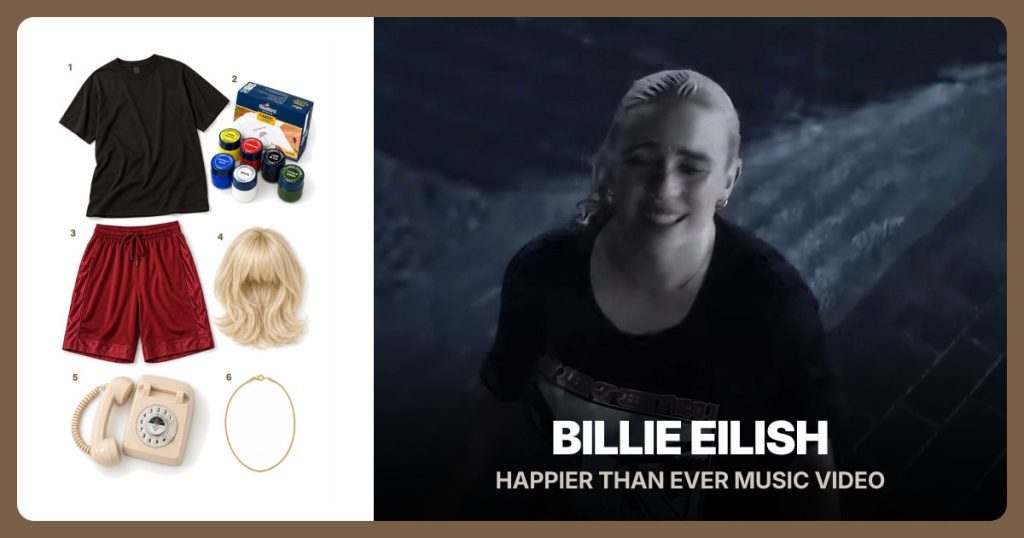 Black Oversized T-Shirt, Fabric Paint Set, Red Baggy Shorts and Blond Fringe Wig beside Billie Eilish (Happier Than Ever)