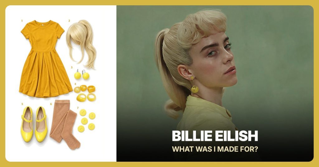 Yellow Fit-and-Flare Dress, Blonde Ponytail Wig, Yellow Ball Drop Earrings and Yellow Resin Ring Set beside Billie Eilish (What Was I Made For?)