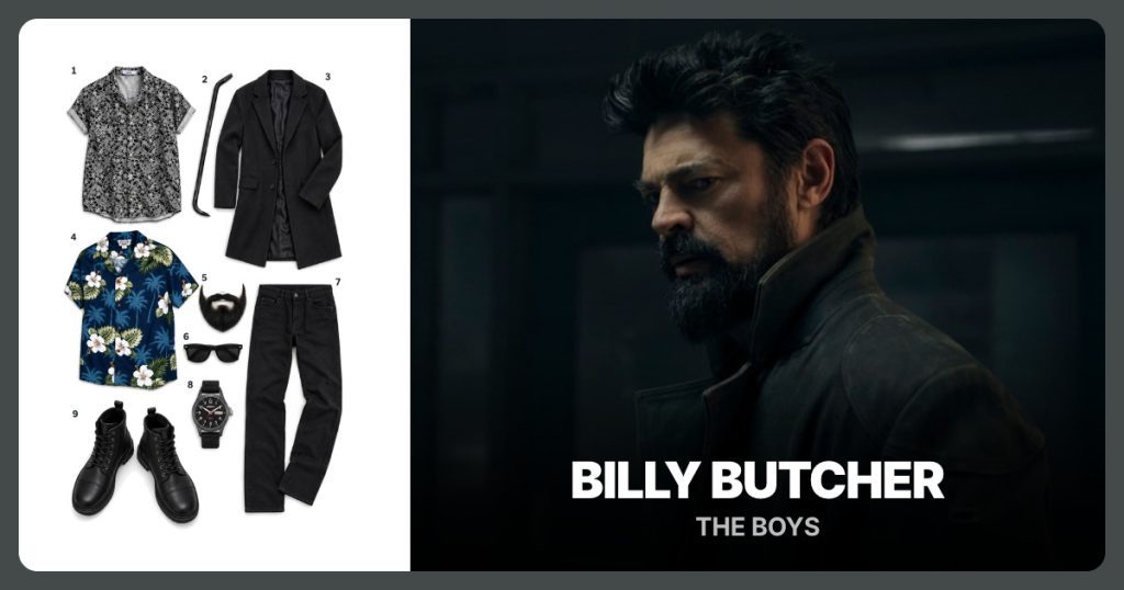 Gray Hawaiian Shirt, Foam Crowbar, Black Coat and Navy Hawaiian Shirt beside Billy Butcher